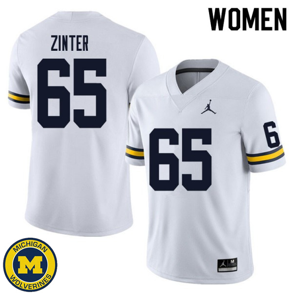 Women Michigan Wolverines #65 Zak Zinter White Football Jersey